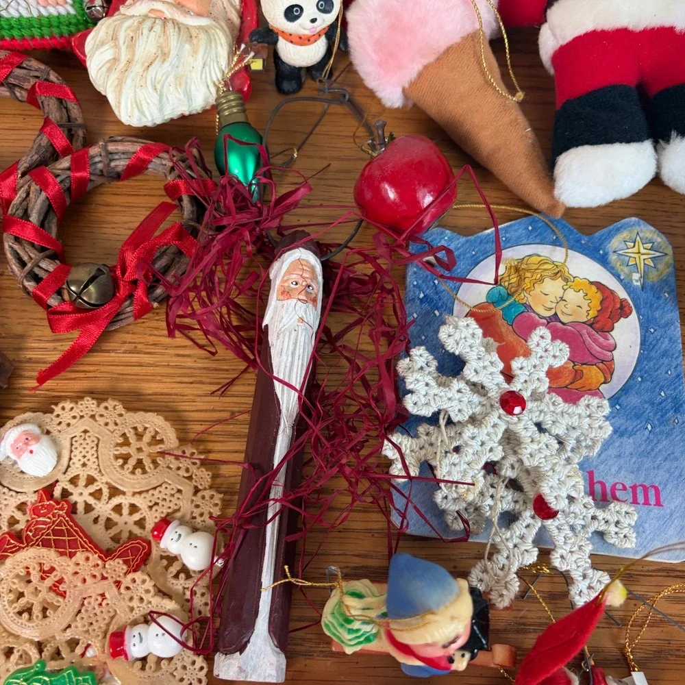 Vintage Christmas Ornament Lot Santa Gingerbread Needlepoint Retro Holiday Decor